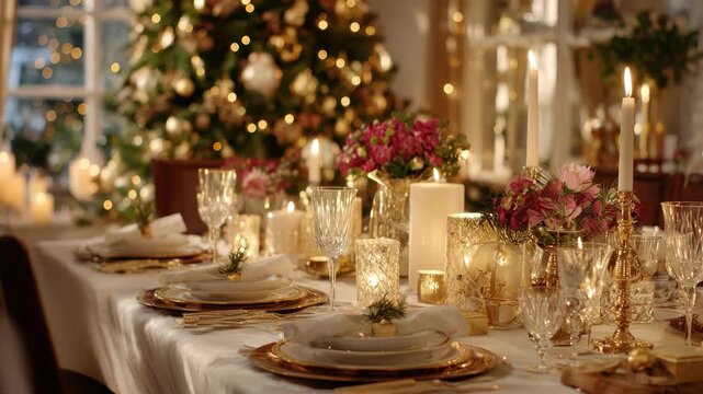 Elegant holiday dining setup with festive decorations and sparkling candles in a cozy home setting