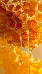 Close-up shows dripping golden honey from the geometric honeycomb structure