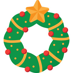 Green Christmas Wreath with Red Ornaments and Golden Star Decoration on Transparent Background Seasonal Festive Holiday Element