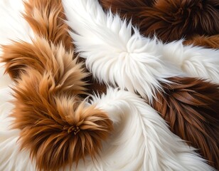 Close-up shows flowing fur in shades of white, brown, and tan, soft textures