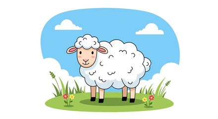 Cute Cartoon Sheep on a Sunny Day A Delightful Illustration of a Fluffy Farm Animal Grazing Peacefully