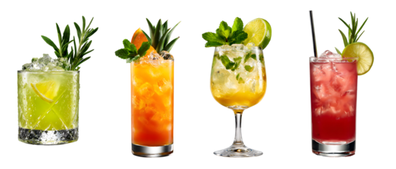 colorful cocktail drinks collection isolated on a transparent PNG background, white background, cut out