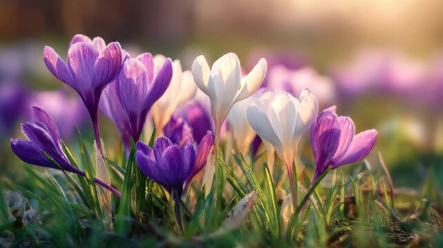Spring crocuses bloom in vibrant shades of purple and white, creating a colorful display in a sunlit garden during early spring