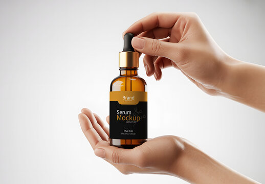 Hands Holding Cosmetic Dropper Bottle Mockup