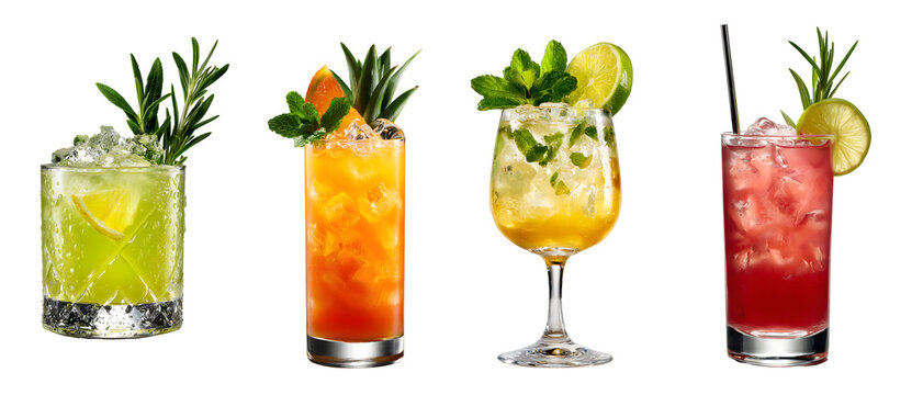 colorful cocktail drinks collection isolated on a transparent PNG background, white background, cut out