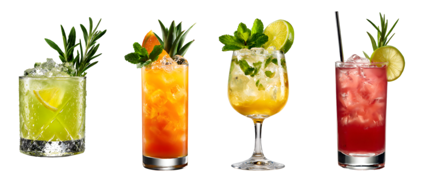 colorful cocktail drinks collection isolated on a transparent PNG background, white background, cut out