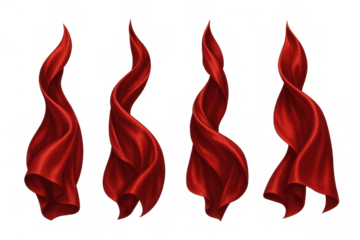 Red flowing silk fabric elements creating swirling, waving, and smooth luxurious drapery with a transparent background