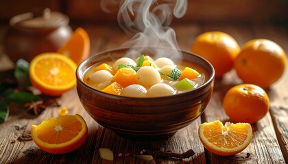 Savoring a Steaming Bowl of Sweet Tangyuan with Fresh Oranges, a Traditional Delight for Celebrating the Dongzhi Festival and Winter Solstice Comfort