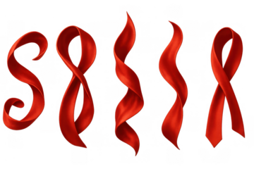 Red awareness ribbons in various flowing shapes, symbolizing support for health campaigns on transparent background