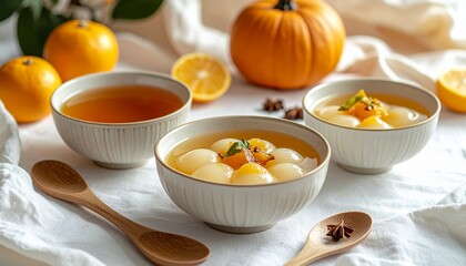 Embrace the warmth of the Dongzhi Festival with a beautifully arranged table featuring traditional sweet dessert bowls, fresh oranges, and aromatic spices, creating a festive and inviting atmosphere