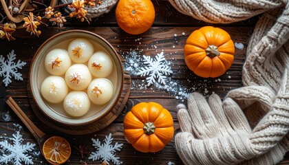 Dongzhi Festival Feast Delightful Tangyuan, Mandarin Oranges, and Winter Decorations on a Wooden Table
