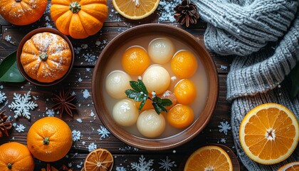 Traditional Tangyuan and Vibrant Citrus Fruits on a Winter Tabletop, Perfect for Celebrating the Dongzhi Festival