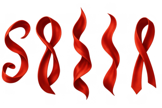 Red awareness ribbons in various flowing shapes, symbolizing support for health campaigns on transparent background - Powered by Adobe