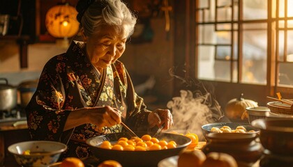 An elderly Asian woman meticulously prepares vibrant Tangyuan, a cherished culinary tradition symbolizing unity and warmth for the Dongzhi Festival, in her cozy, sunlit traditional kitchen