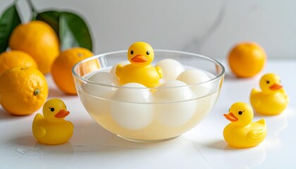 Heartwarming glutinous rice balls, playfully adorned with cheerful rubber ducks, embodying comfort and tradition for the special Dongzhi Festival