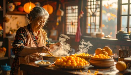 Elderly Woman Prepares Traditional Delicacies for Dongzhi Festival, Evoking Warmth and Culinary Heritage in a Festive Asian Kitchen Setting