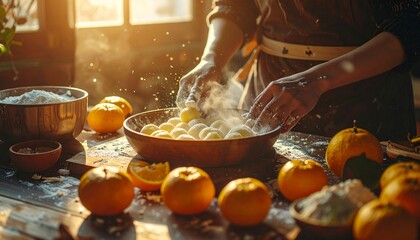 Celebrating the Dongzhi Festival with family, hands prepare traditional tangyuan in a warm, sunlit kitchen, embodying cultural heritage and festive joy