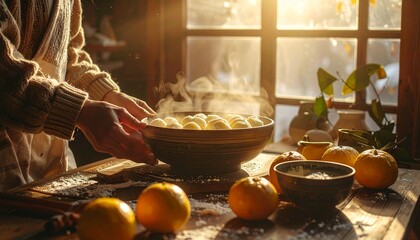 A heartwarming scene of hands preparing traditional, steaming dumplings, capturing the essence of family togetherness and cultural heritage during the cozy Dongzhi Festival celebration
