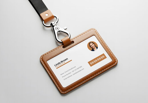 Leather ID Card Holder Mockup with Lanyard