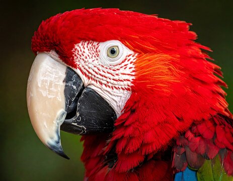 Close-up side portrait of vibrant scarlet macaw with red feathers, hooked beak and pale eyes