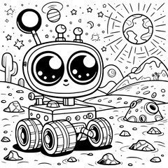Fototapeta premium Illustration of a cute cartoon robot exploring a planet with mountains and stars in the background