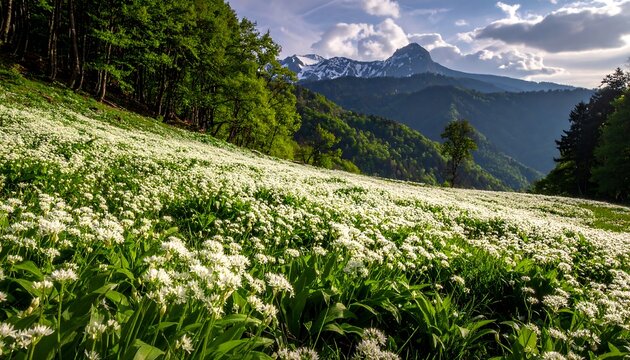 A vibrant mountain meadow carpeted in white flowers. Lush green trees flank the scene as snow-capped peaks rise in the background