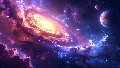 Cosmic panorama depicting a spiral galaxy ablaze with celestial brilliance. Two planets orbit amidst vibrant nebulae and stellar dust