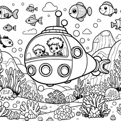 Fototapeta premium Two boys in a submarine exploring the ocean with coral reefs and various fish in a black and white drawing