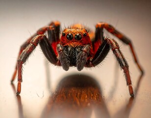 Close-up view of a red-and-black jumping spider on a smooth reflective surface