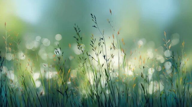 Vibrant abstract background of fresh grass swaying in a gentle spring breeze, capturing the essence of outdoor beauty at dawn