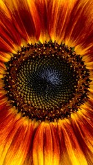 Close-up view of a radiant sunflower with golden and reddish petals swirling outward