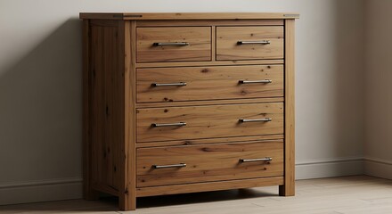 Rustic Oak Chest of Drawers with Dark Metal Handles.