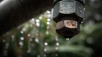 Close-up view of water dripping from a rainwater harvesting system showcasing sustainable living practices for efficient water use and conservation