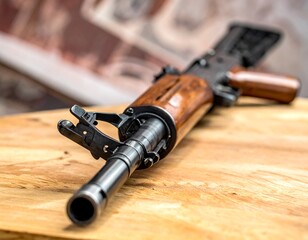 Close-up view of a rifle atop a light wooden surface, with a blurry background