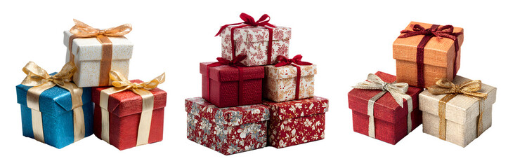 Obraz premium Christmas gift boxes set isolated on a transparent PNG background, white background, cut out