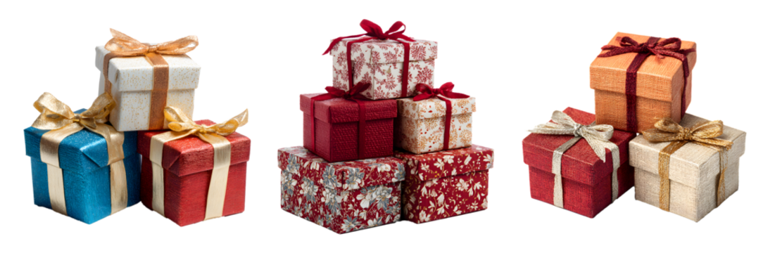 Christmas gift boxes set isolated on a transparent PNG background, white background, cut out