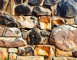 Close-up view of a rough-hewn stone wall constructed with various shapes and sizes