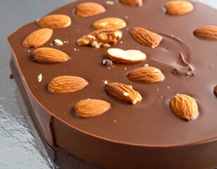 Close-up view of a rounded, thick chocolate slab topped with scattered almonds and some walnuts