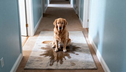 Golden retriever sitting on wet rug in hallway, soft overcast light, photorealistic style