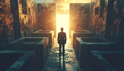 A figure in a suit stands before a glowing, open gateway within a stone maze, backlit by the sun. It exudes mystery