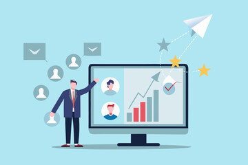 Businessman presenting positive business growth and team success on a computer screen with a paper airplane taking flight