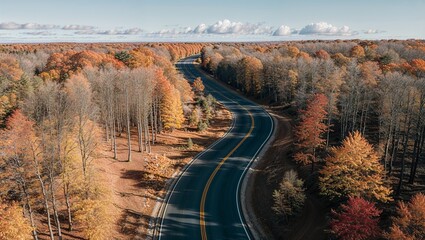 Aerial View of Winding Roads Through Peak Fall Foliage