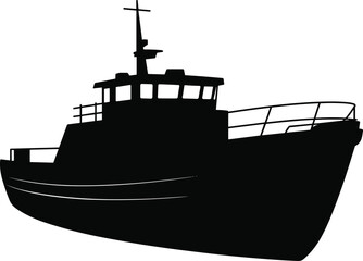 Large fishing boat silhouette with detailed structure and deck railings, perfect for marine design, nautical illustrations, sea transportation and ocean themed vector projects