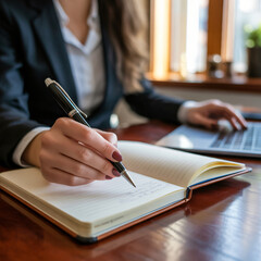 lose-up of businesswoman&rsquo;s manicured hand writing in leather notebook with black pen, laptop blurred, warm window light, polished desk.