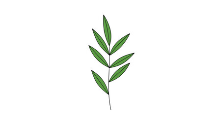 Fototapeta premium A minimalist digital illustration of a simple green leafy branch with slender leaves arranged along a central stem on a white background.