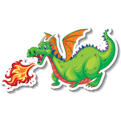 Green Cartoon Dragon Breathing Fire With Orange Wings And Blue Accents Against A White Background