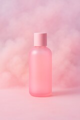 Soft gradient pink toner bottle with pastel cloud mist, dreamy wellness aesthetic, perfect for beauty, skincare, and product design visuals.
