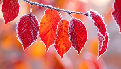 Close-up of vibrant red and orange autumn leaves on a branch, delicately rimmed with frost against a blurred, warm background
