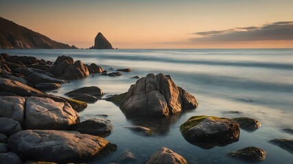 Serene Morning Light on Minimalist Coastal Rocks