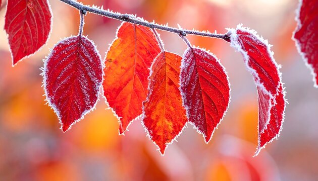 Close-up of vibrant red and orange autumn leaves on a branch, delicately rimmed with frost against a blurred, warm background
